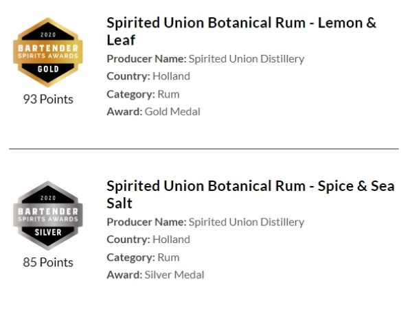 Here are the scores the Spirited Union Distillery got from the 2020 Bartenders Spirits Awards.
