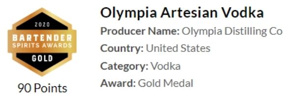 Olympia Artesian Vodka won a gold medal at the 2020 Bartenders Spirits Awards